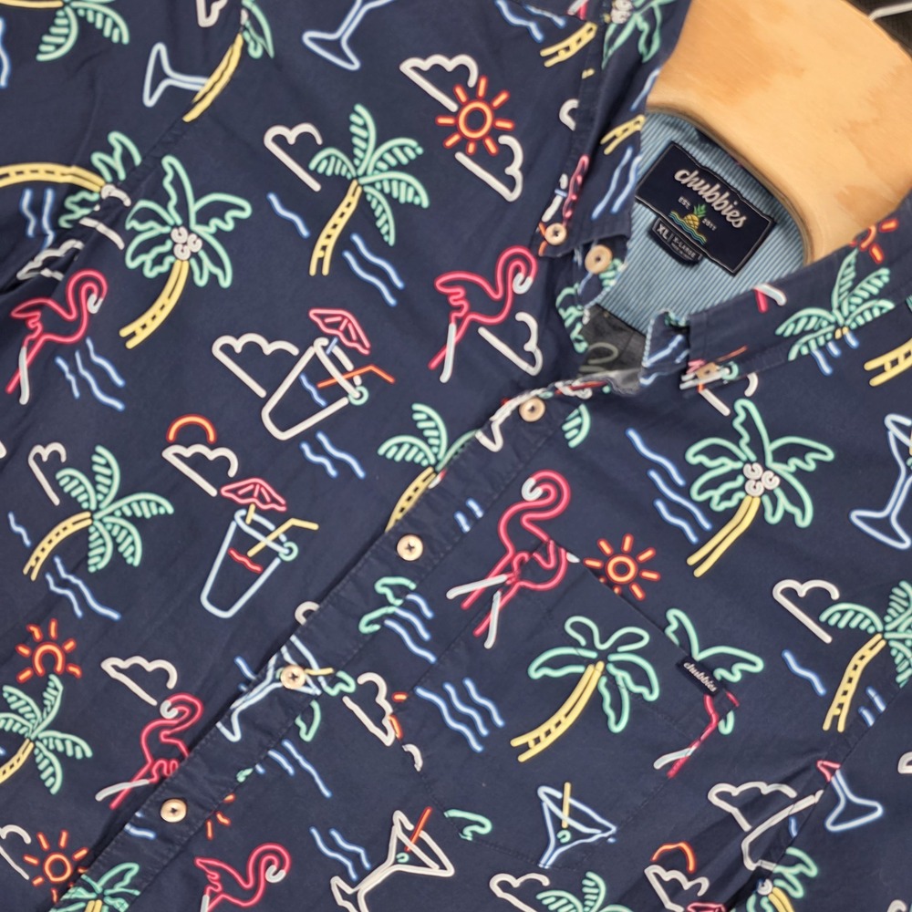 Chubbies Button Down Shirt Mens XL Neon Stretch Palm Tree Flamingo Beach Party